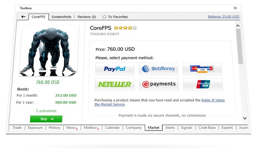 製品の支払いは、MQL5.comの支払いシステムを介して、または銀行のカード、PayPal、WebMoney、Neteller、ePaymentsの支払いシステムを介して行うことができます。